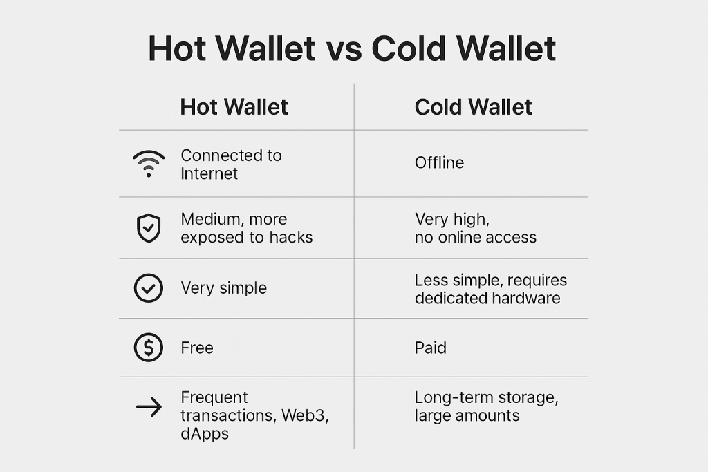 Infographie sobre comparant les caractéristiques d’un hot wallet et d’un cold wallet crypto