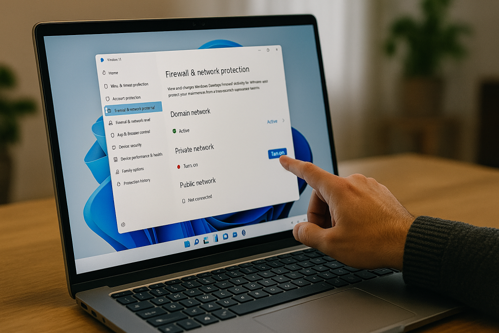 Capture réaliste d’un utilisateur activant les paramètres de pare-feu sur un ordinateur Windows