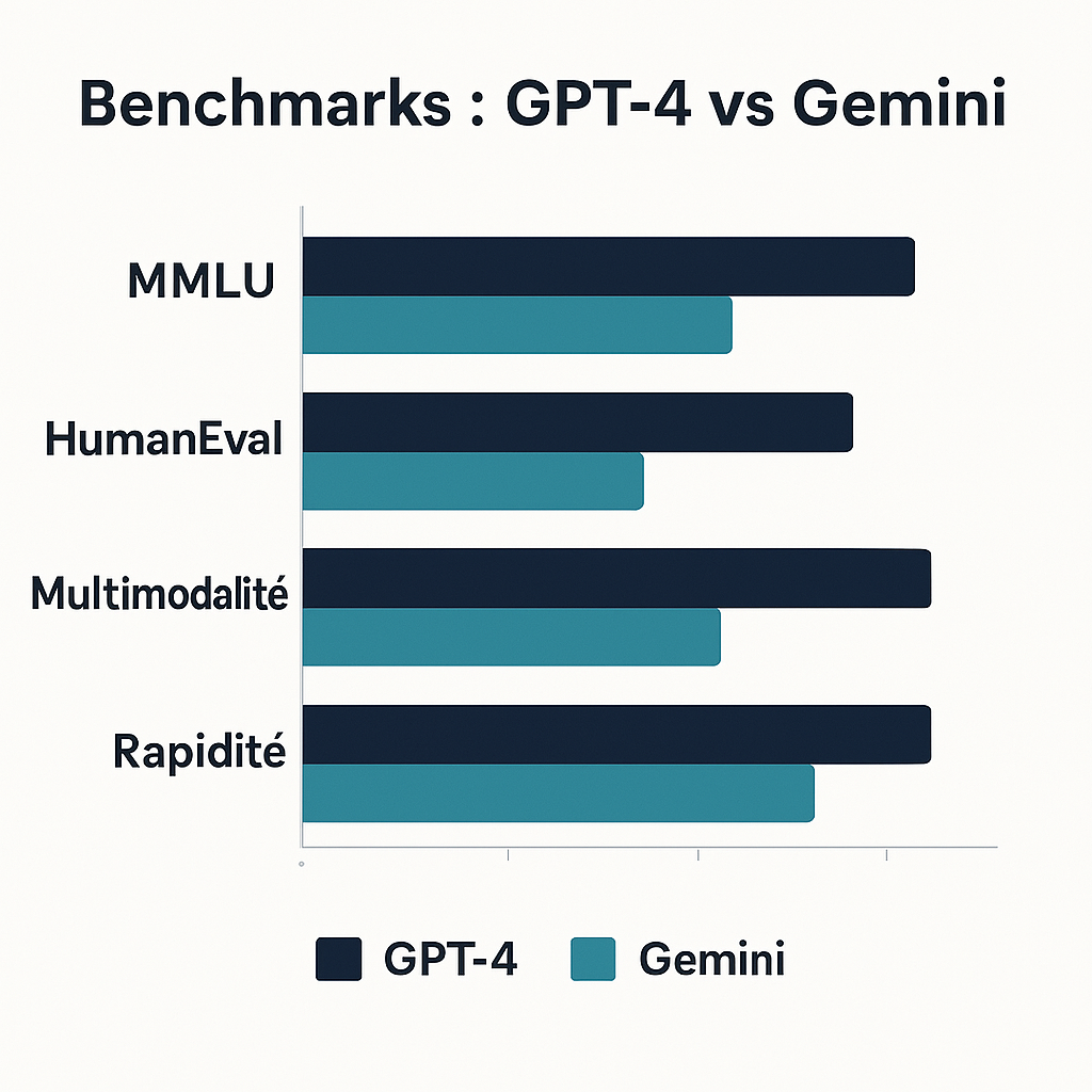 Graphique comparatif des performances de GPT-4 et Gemini selon les tests MMLU, HumanEval, multimodalité et rapidité