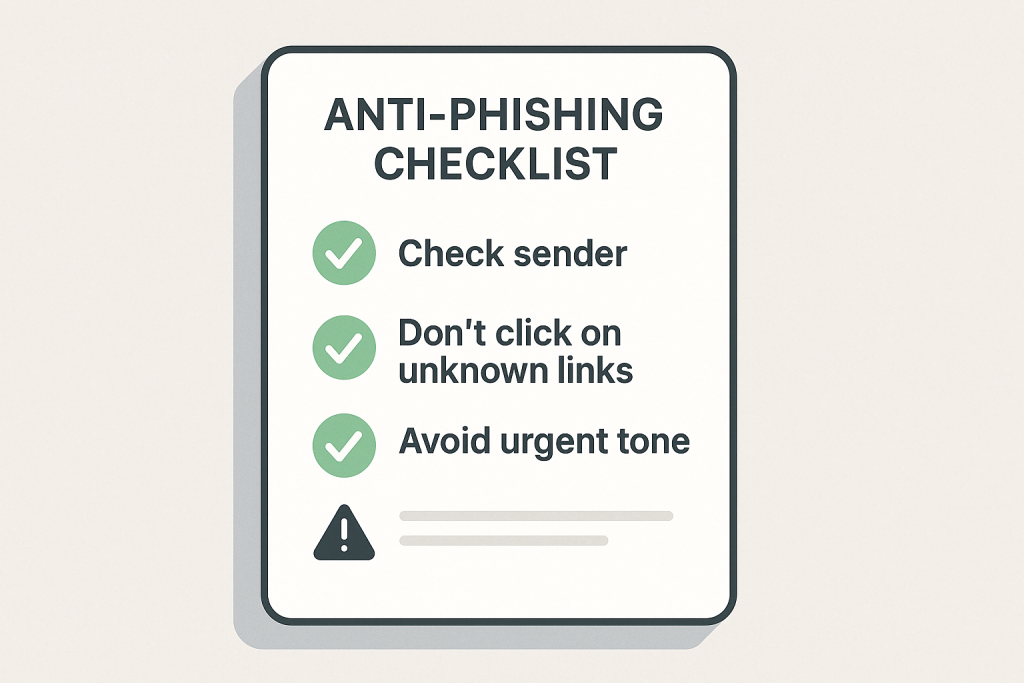 Checklist visuelle illustrant les bons réflexes à adopter face à un e-mail suspect : vérification de l’expéditeur, absence d’urgence, lien sécurisé