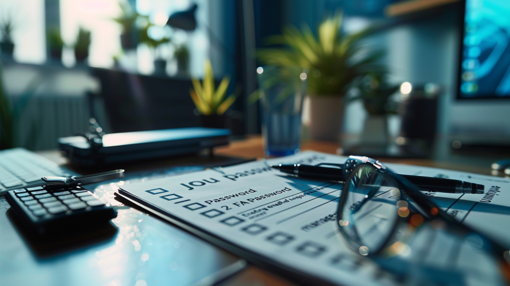 Une main coche une checklist imprimée dans un environnement de travail moderne