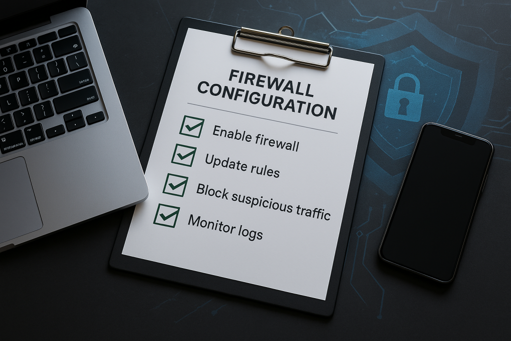 Checklist visuelle affichée sur un écran montrant les étapes de configuration d’un pare-feu
