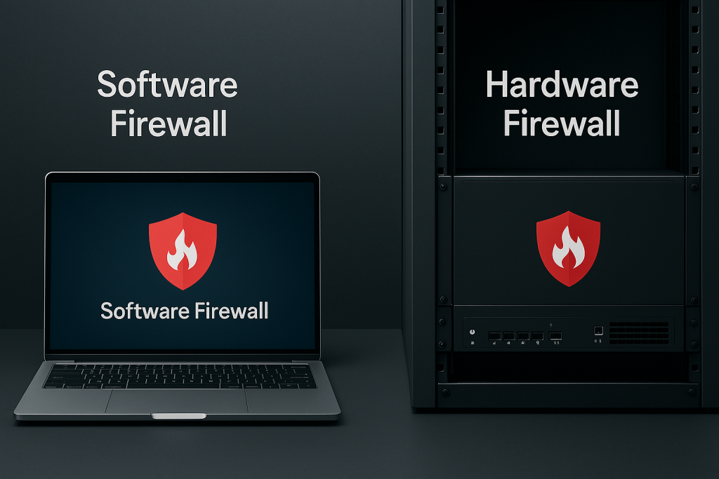 Comparaison visuelle entre un pare-feu logiciel affiché sur un ordinateur portable et un pare-feu matériel intégré à un serveur