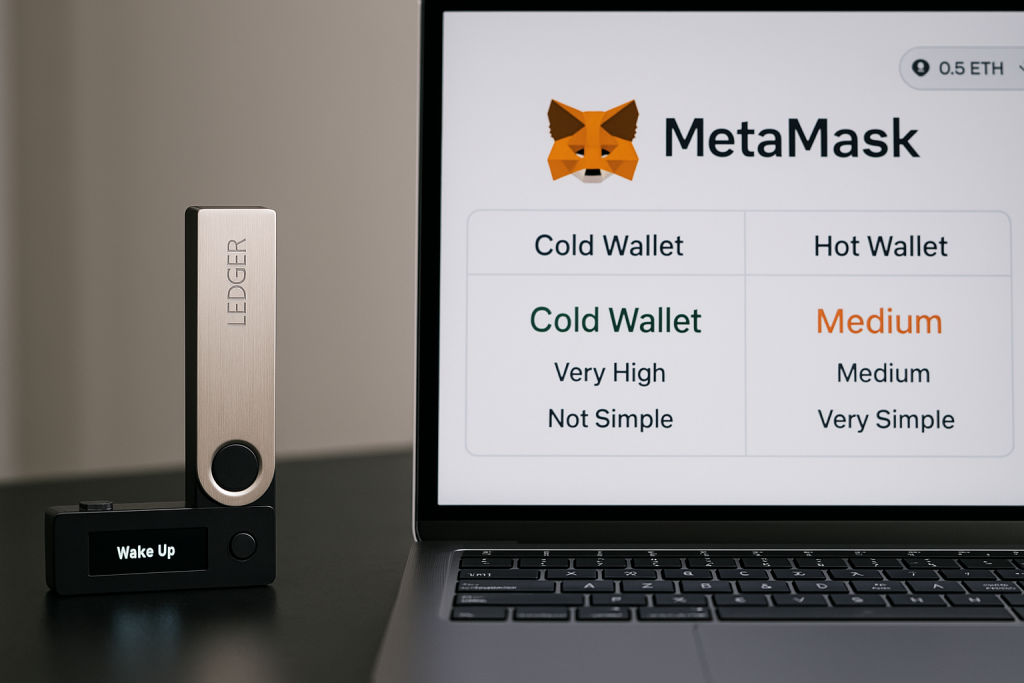 Un Ledger physique posé à côté d’un écran affichant l’interface MetaMask