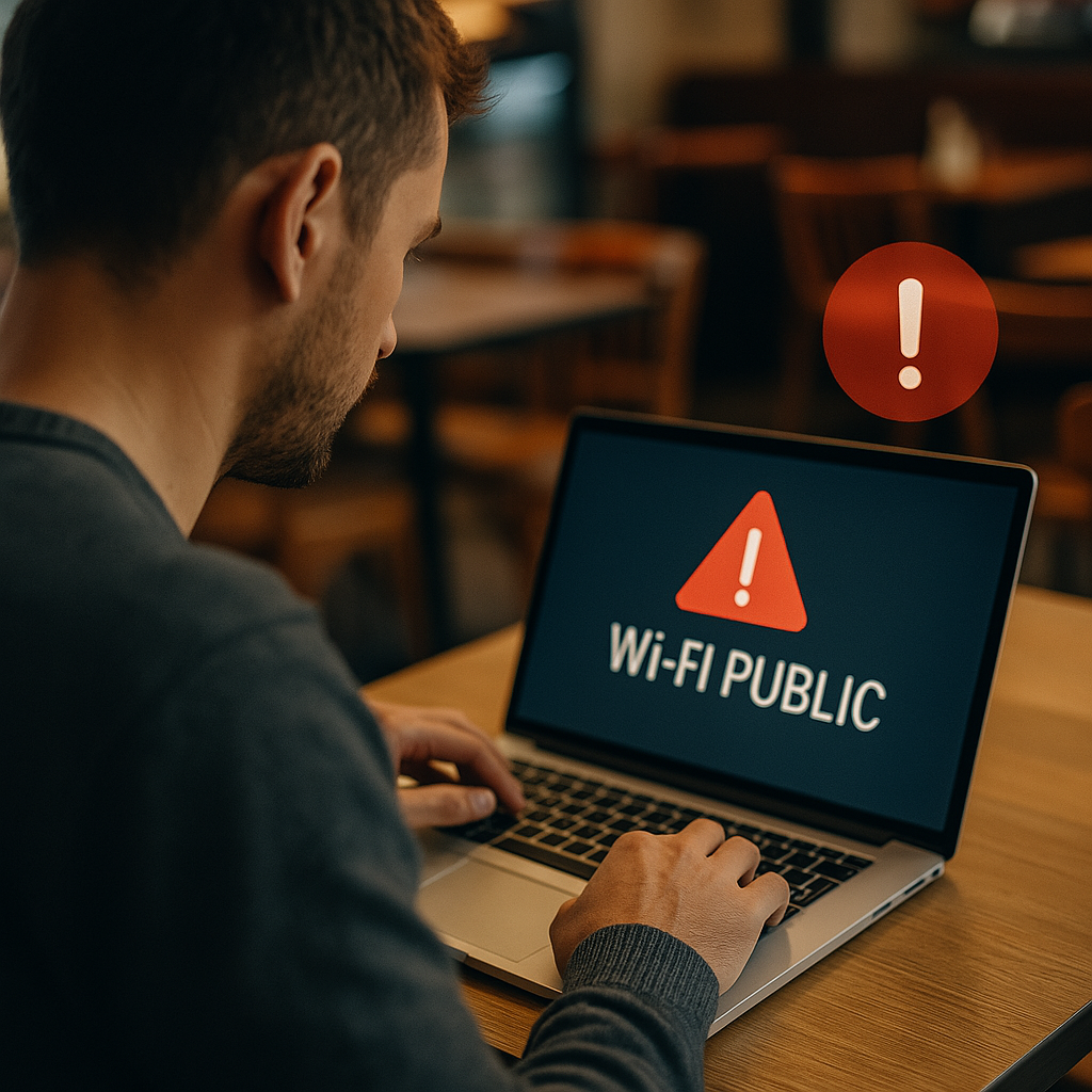 Homme utilisant un ordinateur portable dans un café, exposé à des risques de cybersécurité via le Wi-Fi public