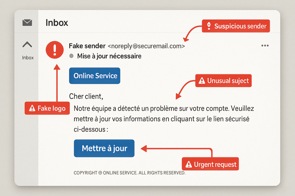 Capture d’écran illustrée d’un e-mail frauduleux, avec flèches et zones annotées pour montrer les signes suspects
