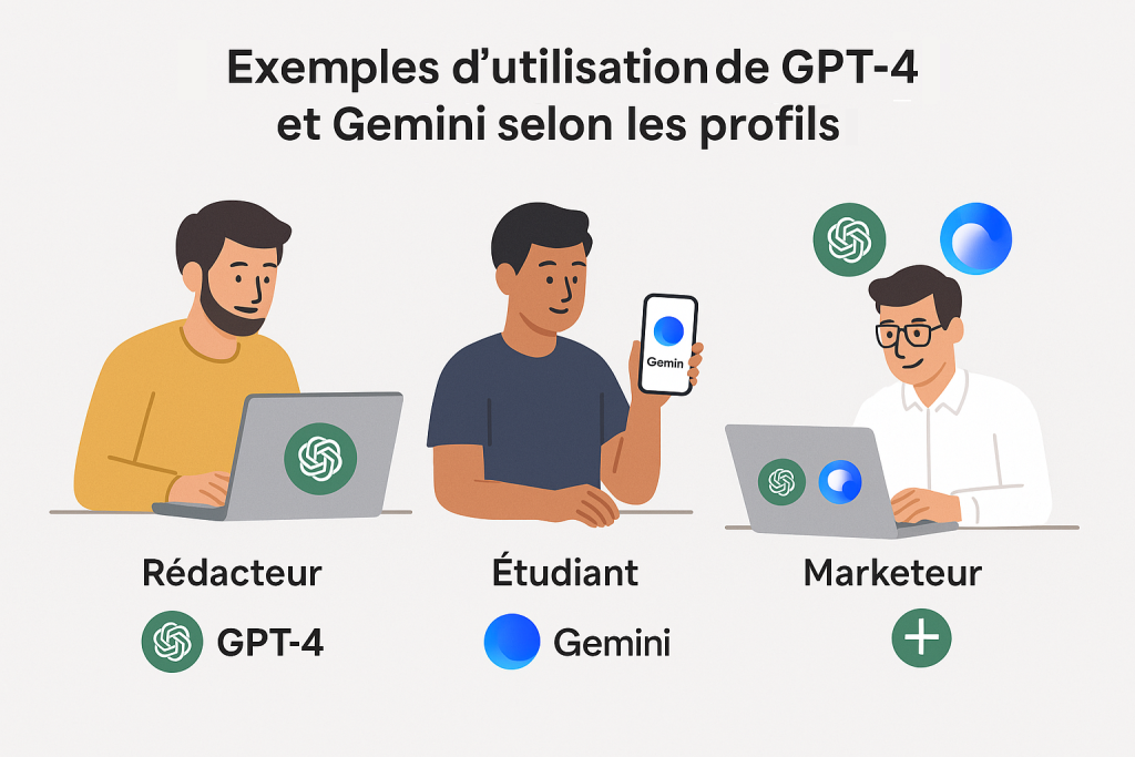  Illustration de trois profils utilisateurs : un rédacteur, un étudiant, un marketeur utilisant GPT-4 et Gemini au quotidien