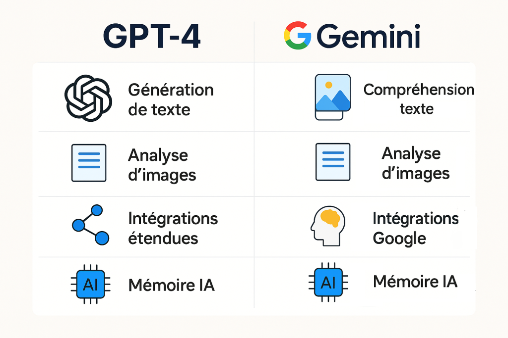 Une infographie visuelle comparant les fonctionnalités clés des IA GPT-4 et Gemini : texte, image, multimodalité, intégration, etc.