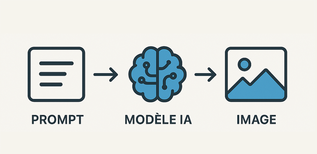 Un schéma simple représentant le lien entre prompts, IA et images générées par MidJourney