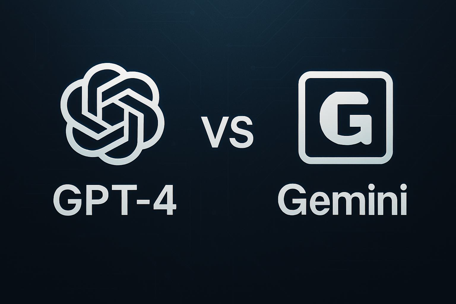 Illustration graphique montrant les logos de ChatGPT-4 et Gemini de Google, avec un “VS” central pour symboliser leur comparaison