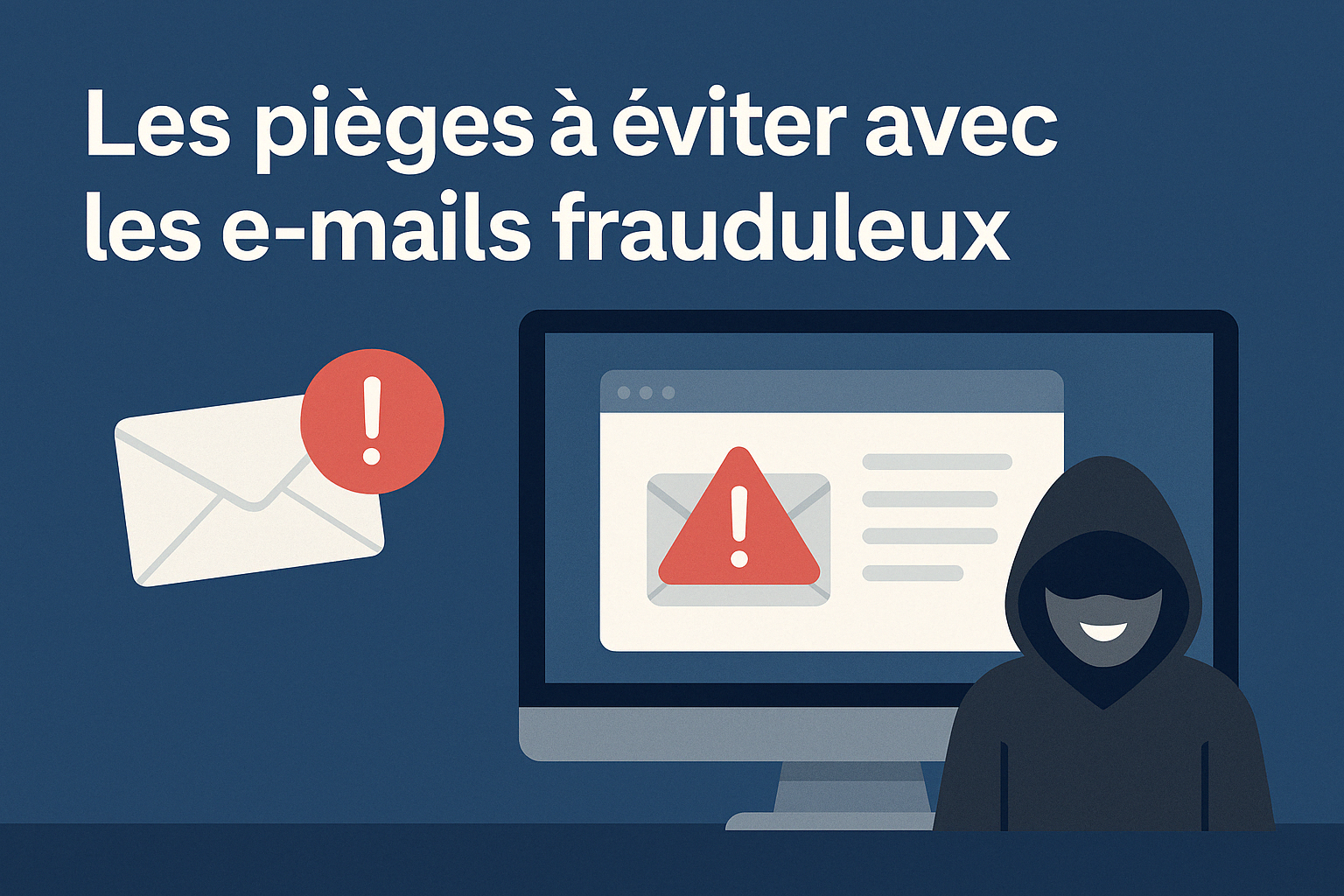 Illustration simple d’un e-mail frauduleux avec alerte rouge, ordinateur et silhouette de hacker, représentant les risques du phishing par e-mail
