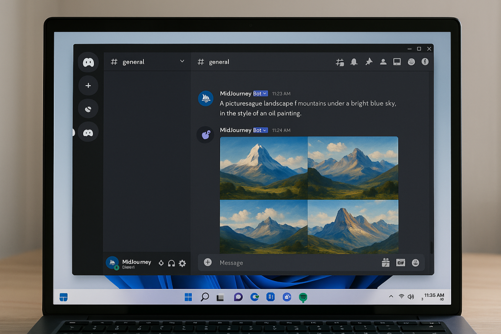 Capture simulée d’une interface Discord montrant un prompt MidJourney et une image générée en retour