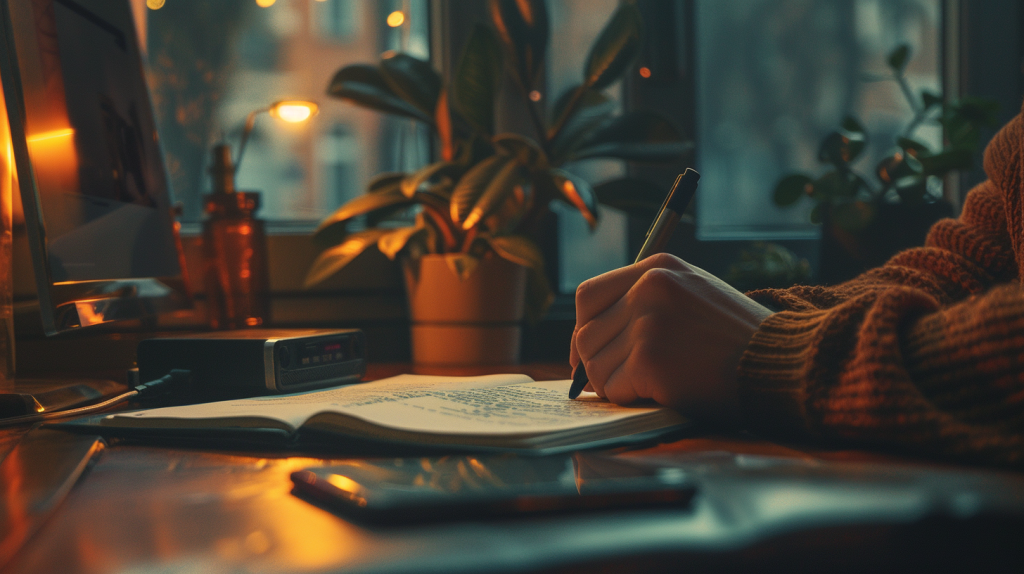 Une personne écrit sa phrase de récupération sur papier dans un environnement neutre et sécurisé