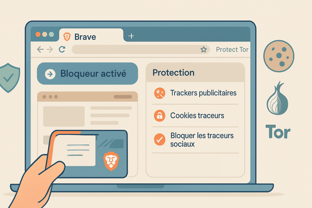  Illustration du navigateur Brave avec le blocage des publicités, des traceurs et un onglet Tor activé