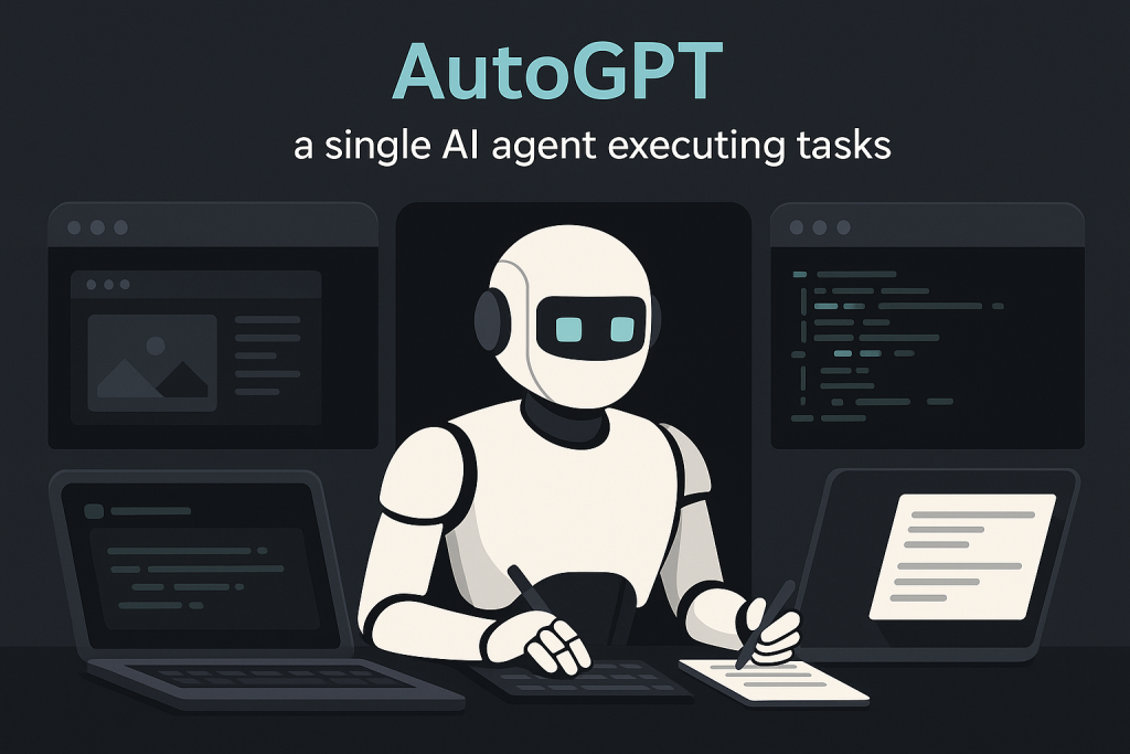 Illustration d’un agent AutoGPT effectuant des tâches seul dans une interface sombre : écrire, coder et naviguer simultanément