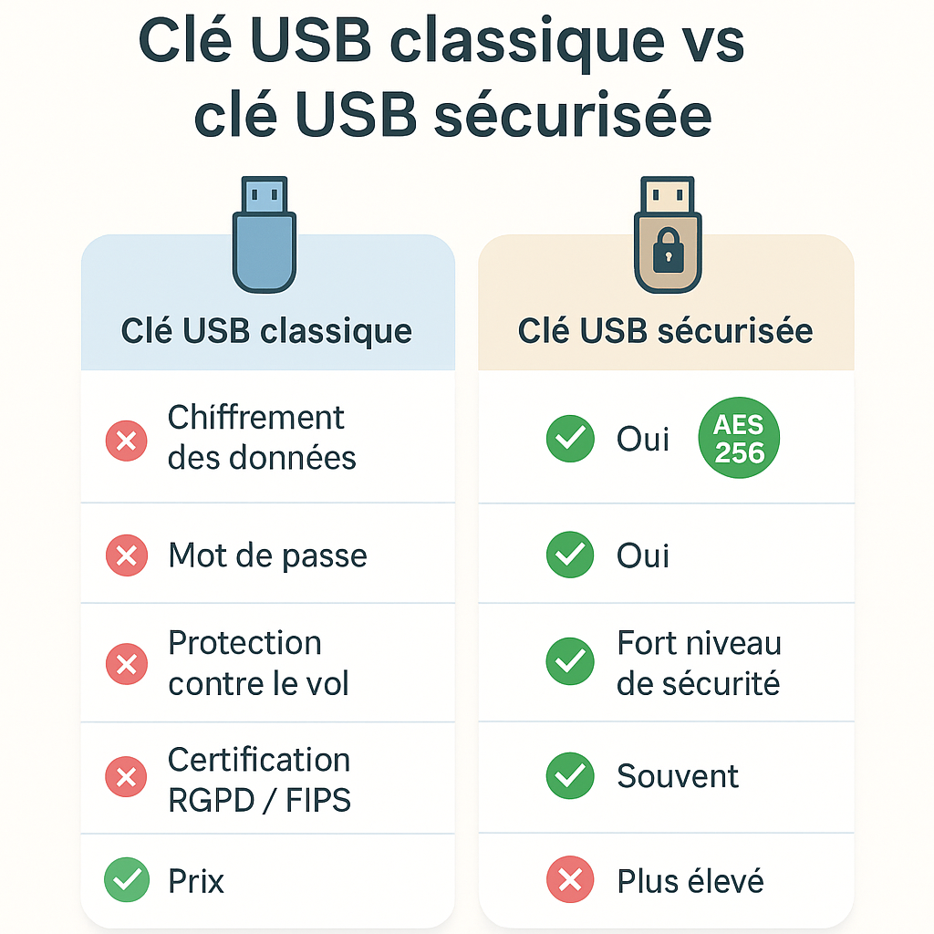 Infographie comparant une clé USB classique et une clé USB sécurisée chiffrée : chiffrement, mot de passe, sécurité, conformité RGPD, prix