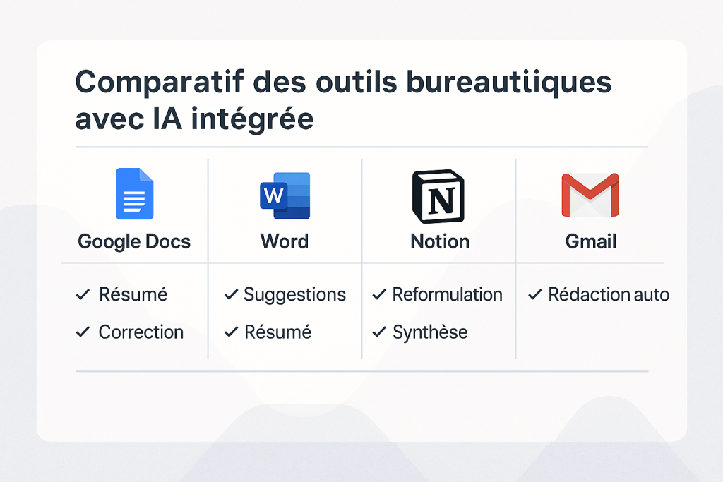 Infographie comparant les fonctionnalités IA de Google Docs, Word, Notion et Gmail dans une interface moderne et claire.