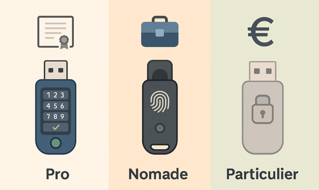 Illustration comparant trois modèles de clés USB sécurisées selon l’usage : professionnel, mobile ou personnel