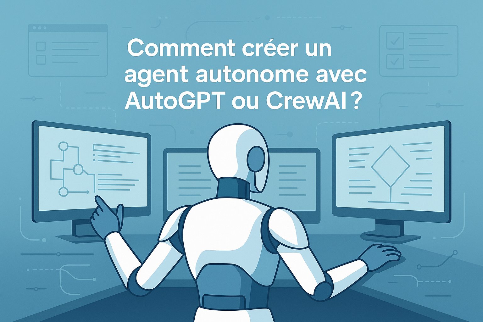 Image de couverture illustrant un agent IA autonome contrôlant plusieurs tâches numériques, avec le titre intégré “Comment créer un agent autonome avec AutoGPT ou CrewAI ?"