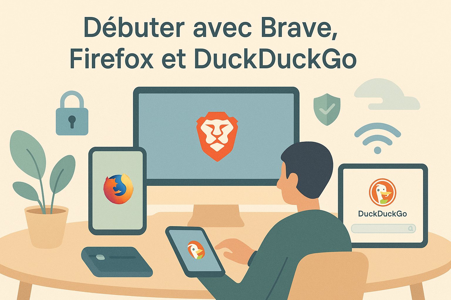 Illustration représentant les outils Brave, Firefox et DuckDuckGo affichés sur différents appareils dans un espace de travail, entourés d’icônes de confidentialité comme un cadenas, un œil barré et un bouclier.