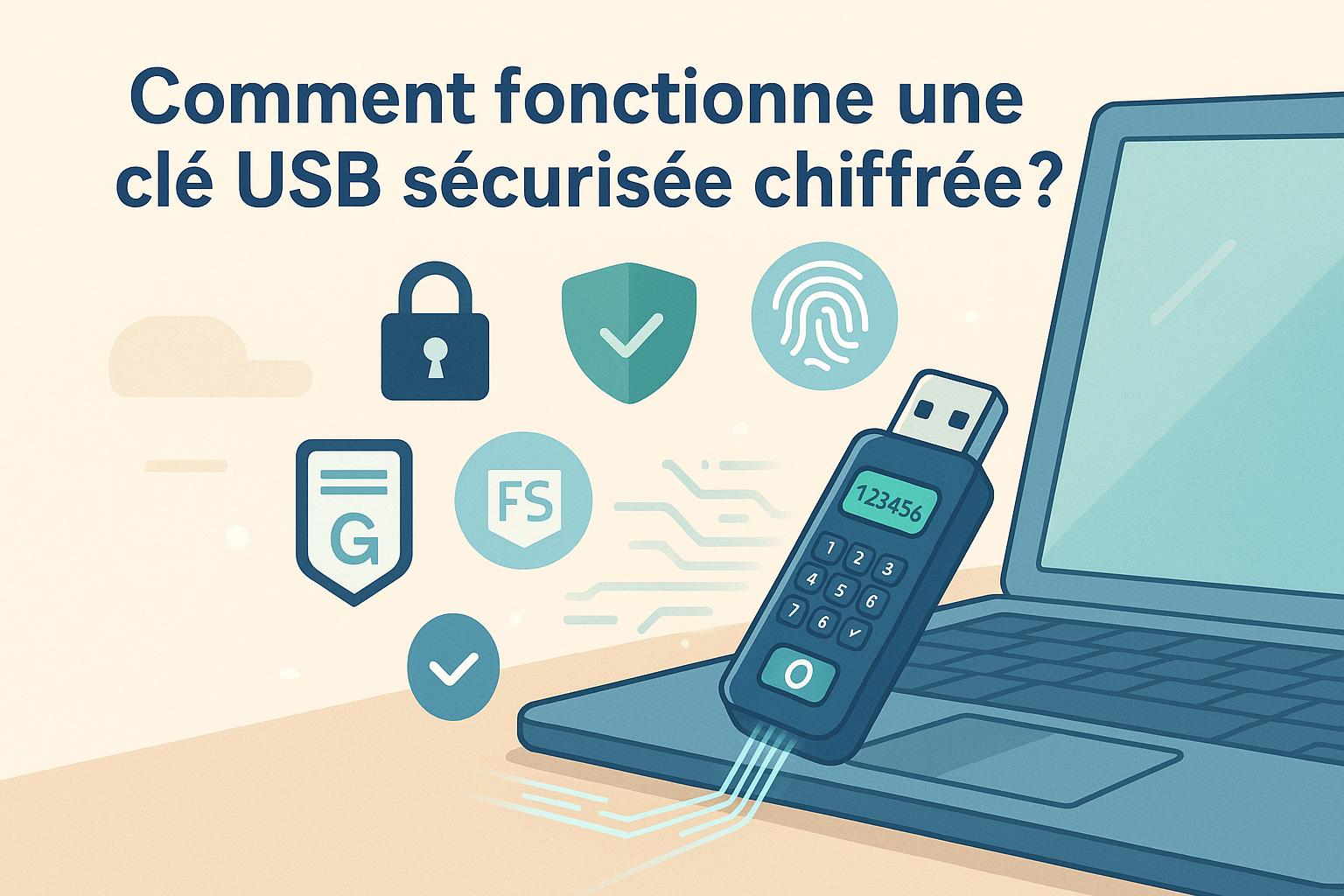Illustration montrant une clé USB sécurisée connectée à un ordinateur, avec des icônes de sécurité comme le chiffrement AES, le verrouillage et l’empreinte digitale