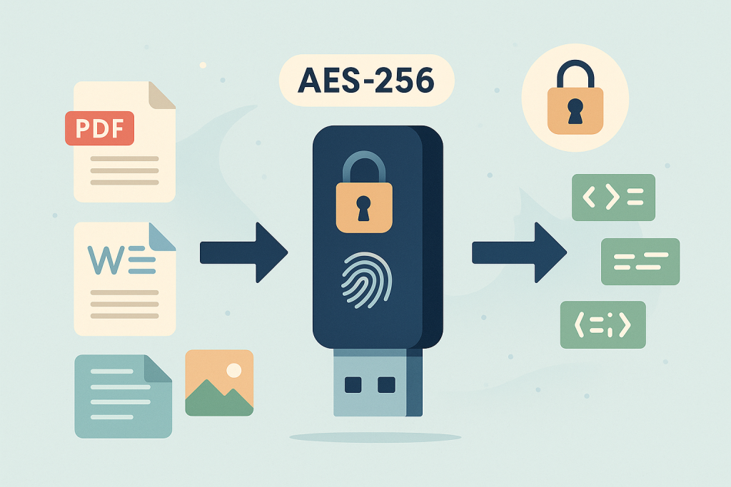 Infographie illustrant comment les fichiers sont chiffrés dans une clé USB sécurisée avec AES-256 et protection par mot de passe