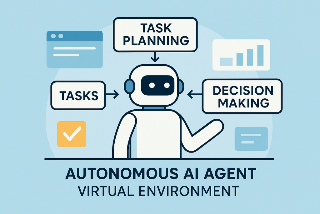 Illustration montrant un agent IA autonome dans un environnement numérique, en train de planifier et d’exécuter des tâches sans aide humaine