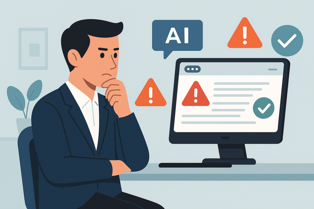 Un professionnel évalue un contenu généré par l’IA dans un contexte bureautique, illustrant les enjeux de la fiabilité de l’IA pour la productivité au travail.