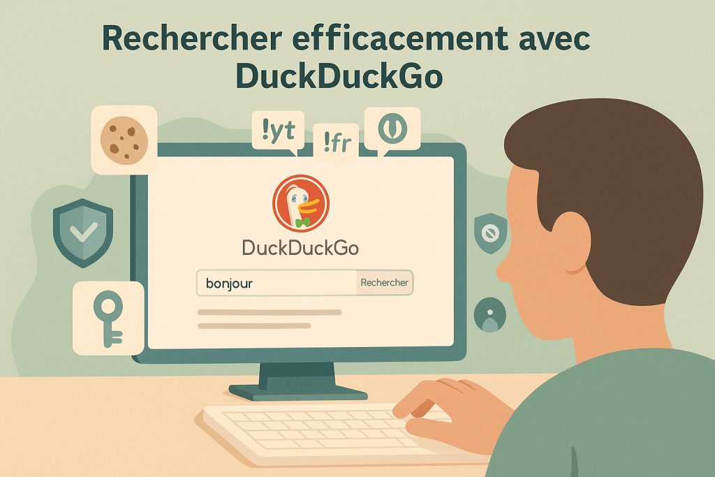  Illustration d’un utilisateur utilisant les bangs DuckDuckGo avec une interface française et des icônes anti-tracking