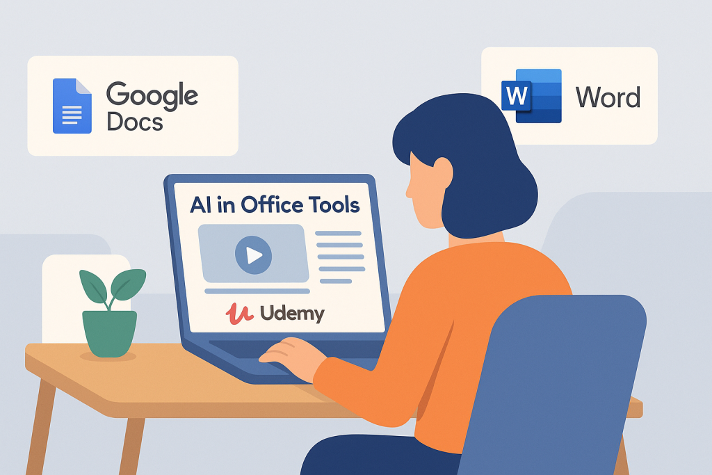 Personne en train d'apprendre à utiliser l’intelligence artificielle pour la productivité bureautique, via des outils comme Google Docs, Microsoft Word et des formations en ligne sur Udemy.
