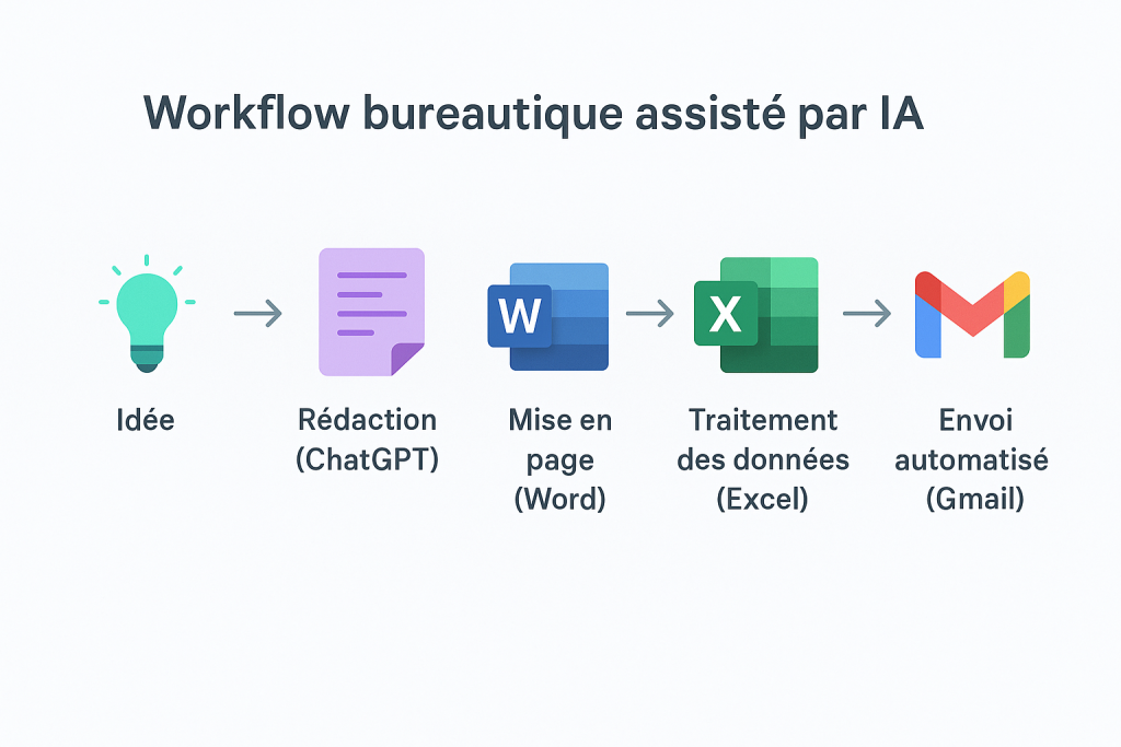 Frise illustrée montrant les étapes du travail bureautique avec l’aide de l’intelligence artificielle : idée → rédaction (ChatGPT) → mise en page (Word) → traitement de données (Excel) → envoi automatique (Gmail).