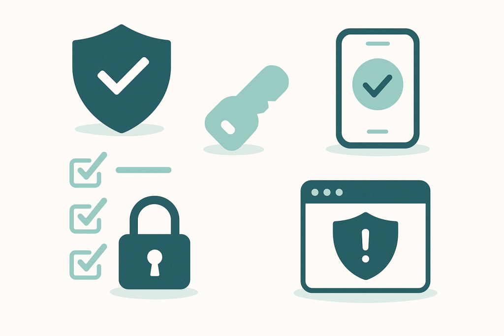 Infographie minimaliste montrant une checklist de protection contre le phishing IA avec des icônes de sécurité comme un bouclier, un cadenas, une clé et un smartphone