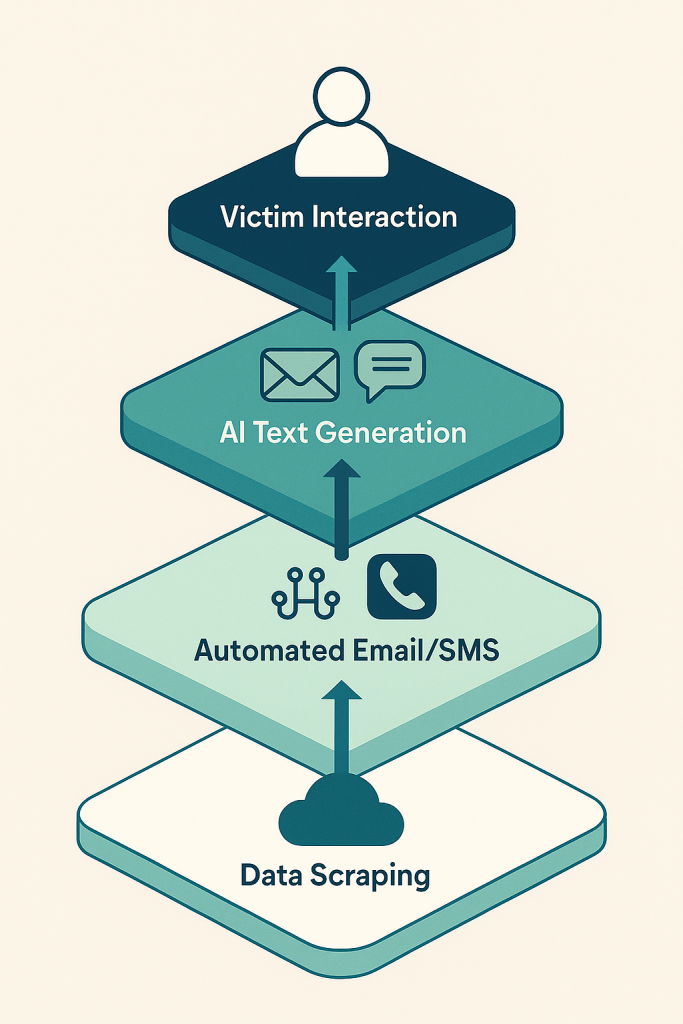 Infographie en couches isométriques montrant les étapes d’une attaque phishing IA automatisée, de la collecte de données à l’interaction avec la victime