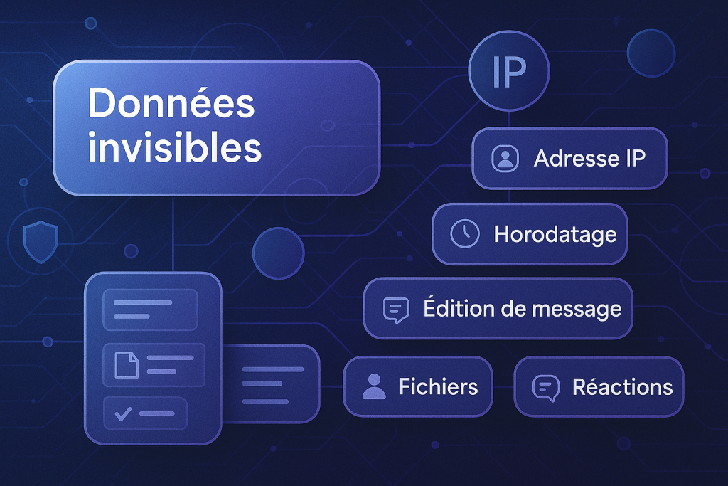 Infographie montrant les métadonnées et traces invisibles générées par les messageries professionnelles.