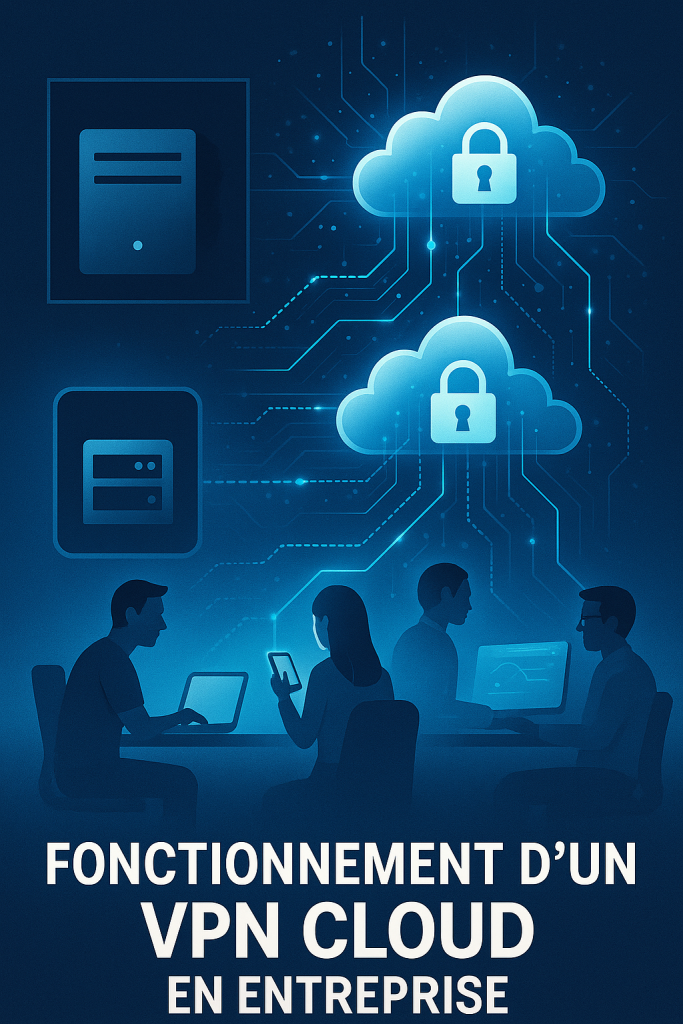 Infographie illustrant le fonctionnement d’un VPN Cloud en entreprise, avec des serveurs distribués et des connexions sécurisées entre employés et cloud.