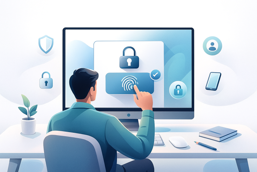 Illustration montrant un utilisateur activant une passkey sur un écran moderne, dans un style éditorial clair