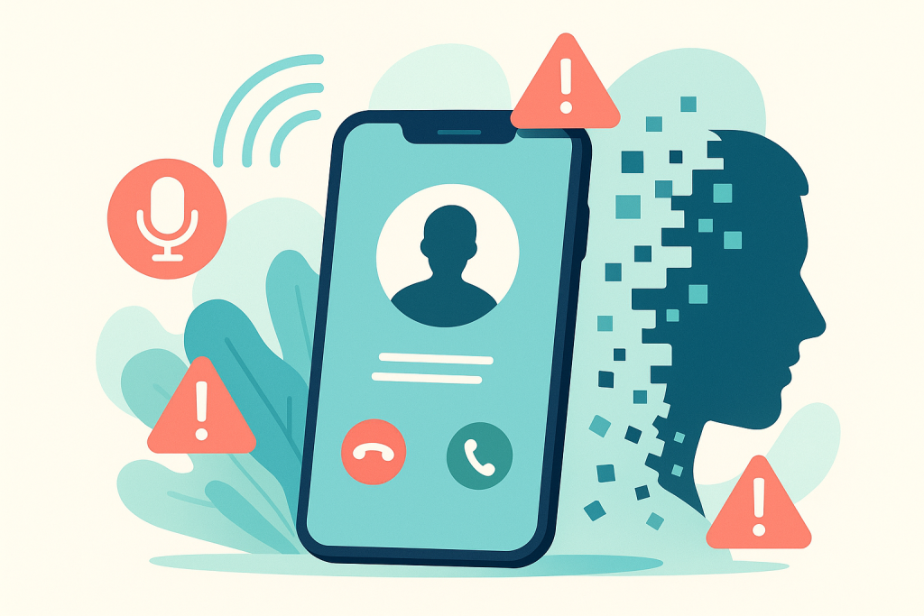 Illustration d’un appel frauduleux généré par IA, avec téléphone et icônes d’alerte pour représenter une arnaque deepfake audio.