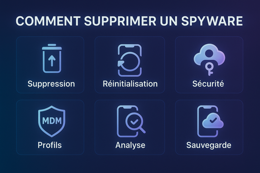 Infographie détaillant les étapes pour supprimer un logiciel espion sur iPhone et Android