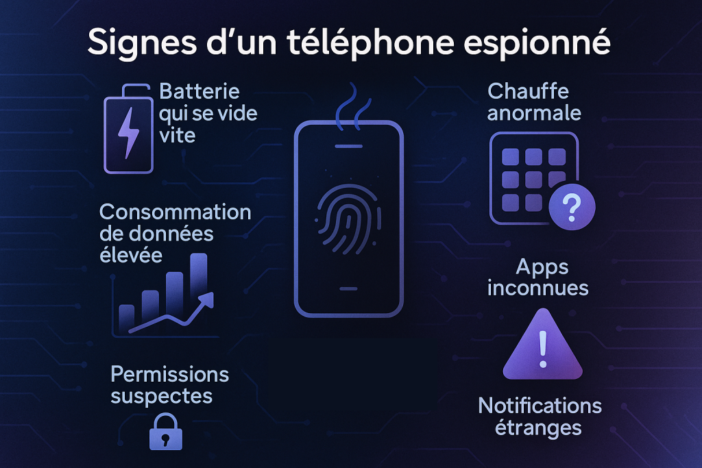 Infographie présentant les signaux typiques d’un smartphone espionné : batterie, données, apps suspectes et anomalies système.