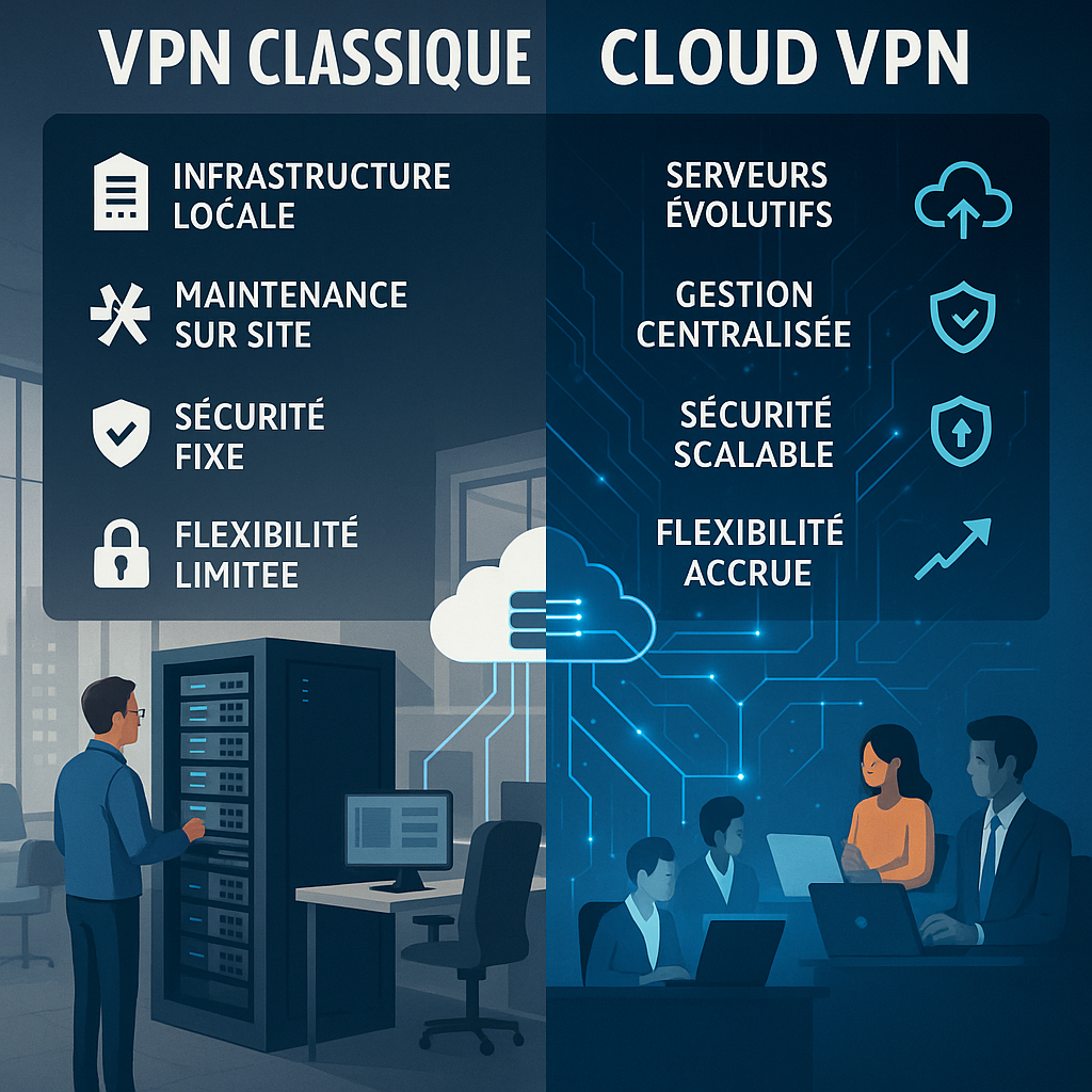 Infographie comparative entre VPN classique et VPN Cloud, représentant d’un côté un serveur local d’entreprise et de l’autre une connexion sécurisée via le cloud.