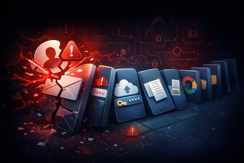 Illustration montrant l’effet domino d’un compte piraté donnant accès aux emails, fichiers, mots de passe et services connectés.