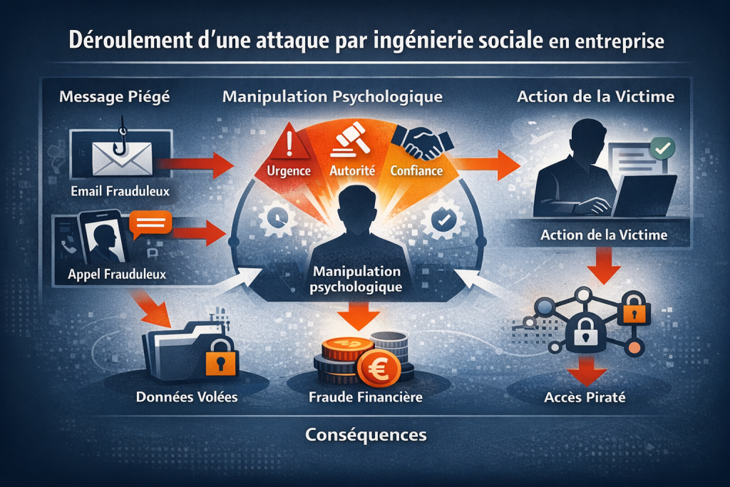 Schéma expliquant les étapes d’une attaque par ingénierie sociale, de la manipulation initiale aux conséquences pour l’entreprise