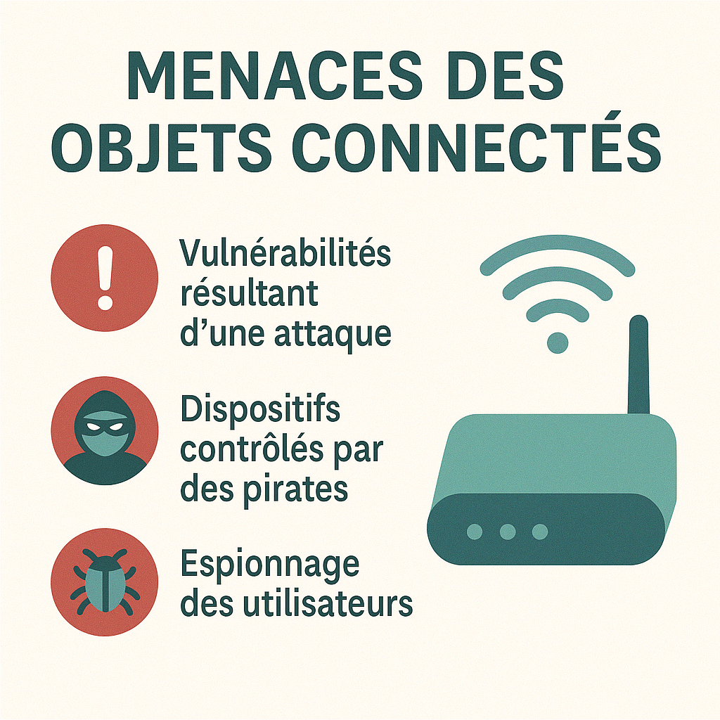 Infographie montrant les principales menaces des objets connectés : vulnérabilités, appareils contrôlés et espionnage des utilisateurs.