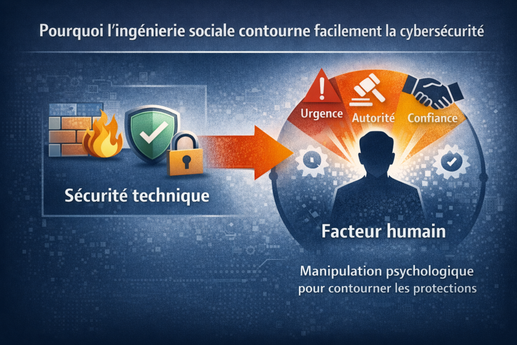 Infographie montrant comment l’ingénierie sociale exploite le facteur humain pour contourner les protections techniques de cybersécurité