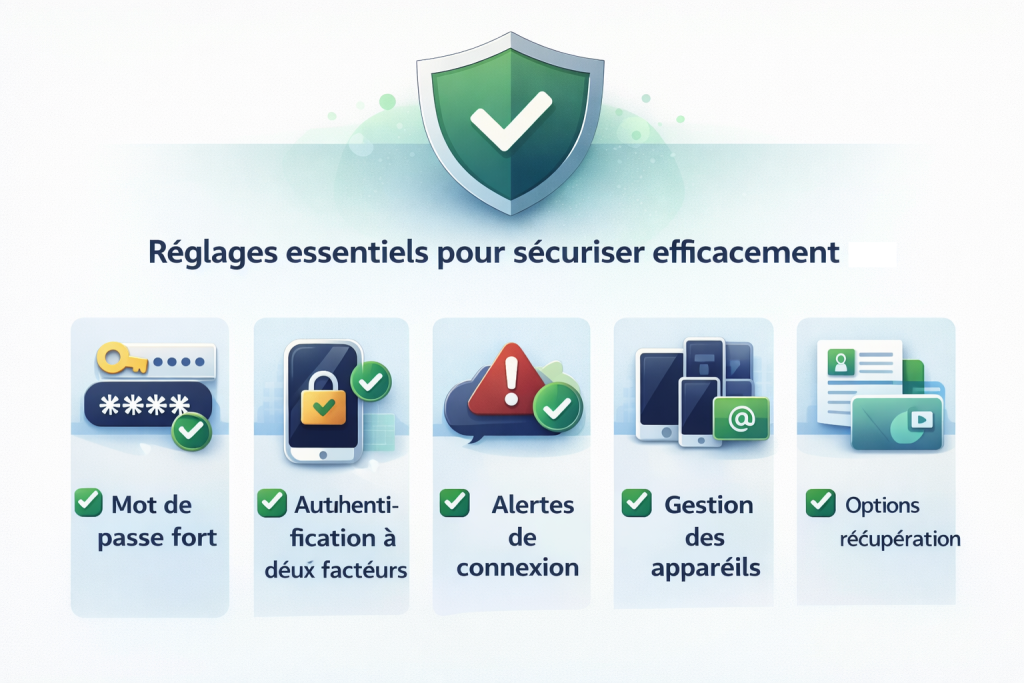 Infographie présentant les réglages essentiels pour sécuriser ses comptes en ligne comme l’authentification forte et les alertes de connexion.