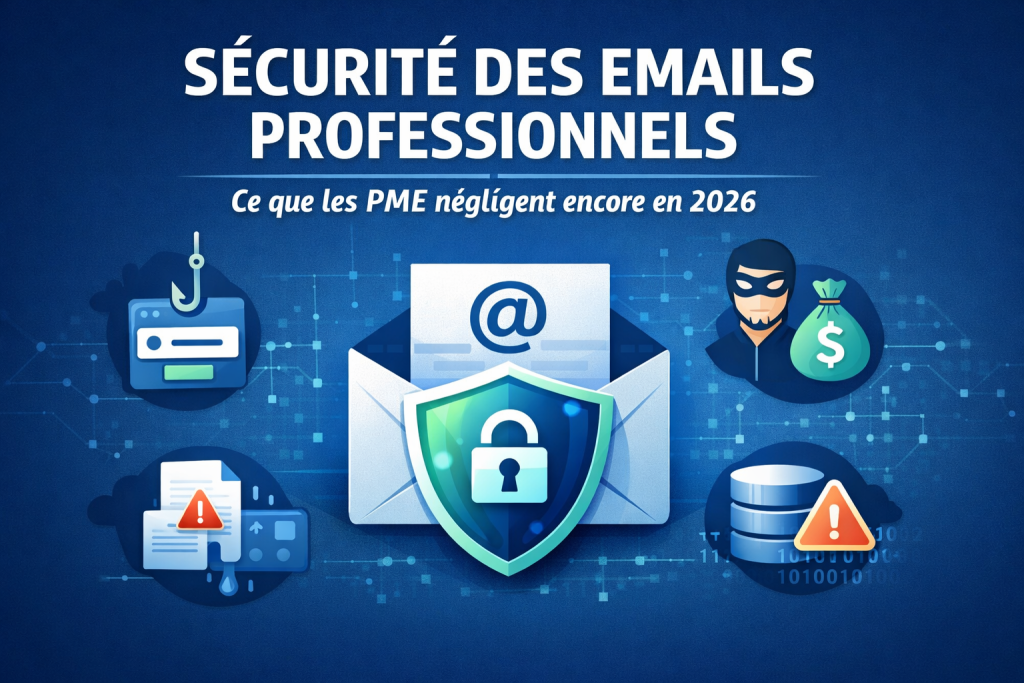 Infographie montrant une boîte email professionnelle protégée, illustrant les risques et enjeux de la sécurité des emails en PME en 2026.
