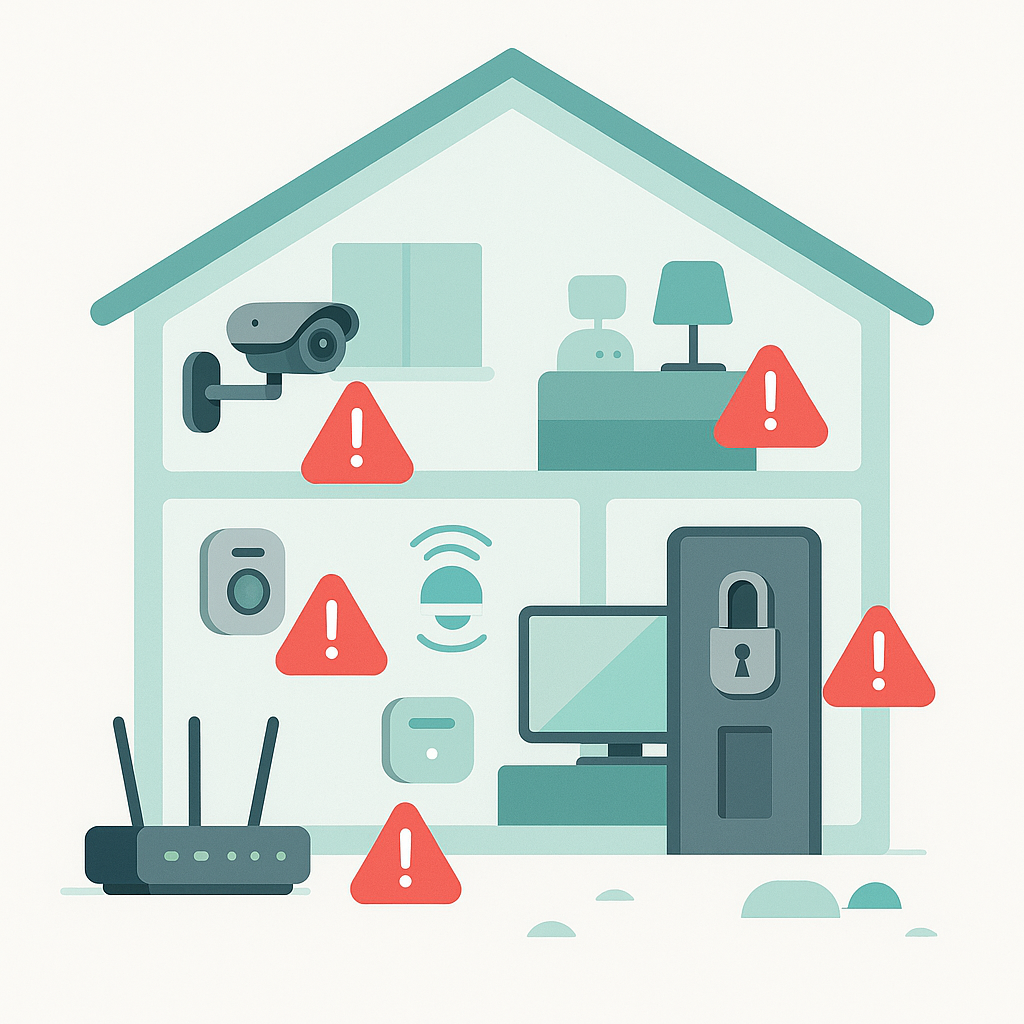 Infographie montrant une maison connectée avec caméras, serrure, TV et routeur indiquant les principales failles IoT