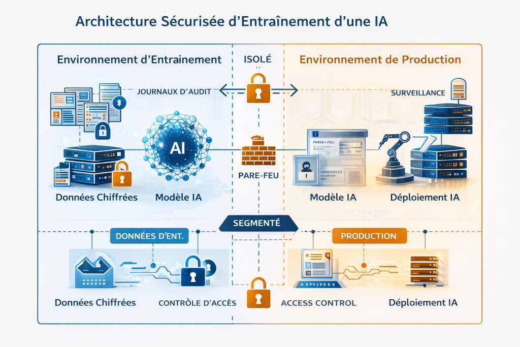Schéma en français montrant une architecture sécurisée d’entraînement d’IA avec données chiffrées, environnement isolé, contrôle des accès et séparation entraînement / production