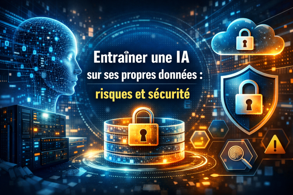 Illustration montrant l’entraînement d’une intelligence artificielle sur des données internes, avec des symboles de sécurité, chiffrement et protection contre les fuites de données.