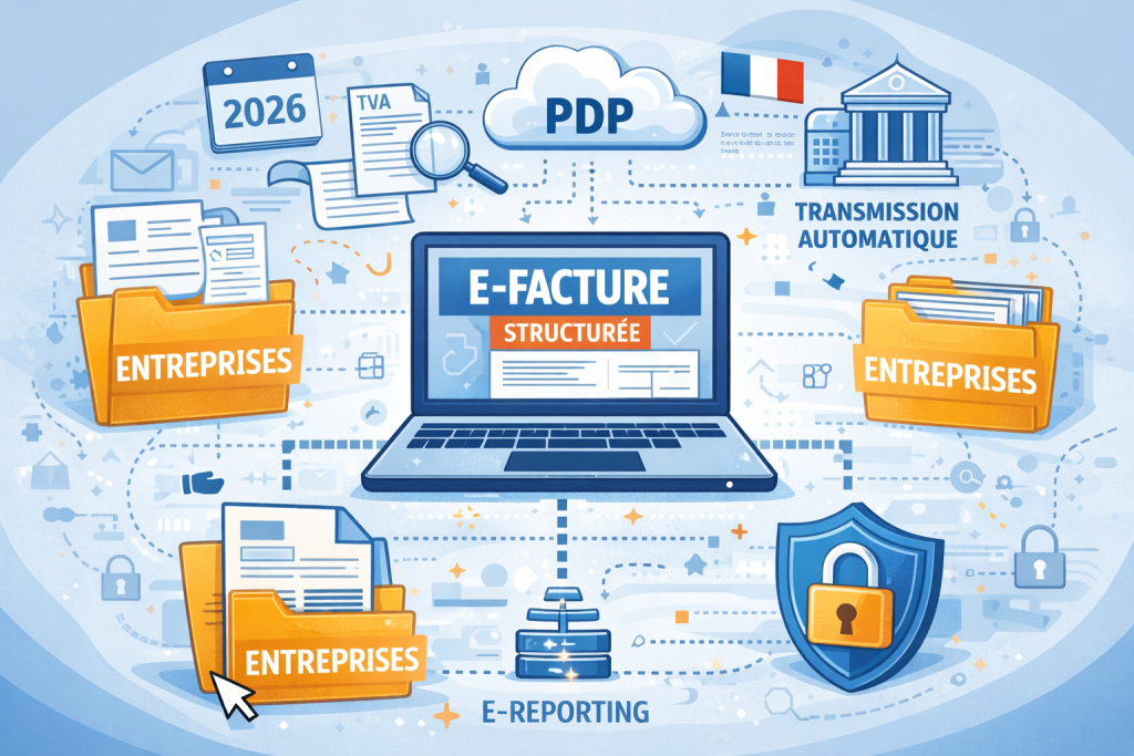 Infographie expliquant la facturation électronique obligatoire en 2026 avec PDP, e-reporting et transmission automatique à l’administration fiscale.